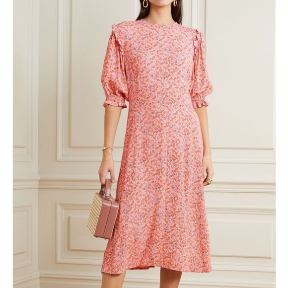 Faithfull The Brand Jean Marie Betina Floral Print Cobalt Blue Midi Dress Size 8 - Picture 3 of 17